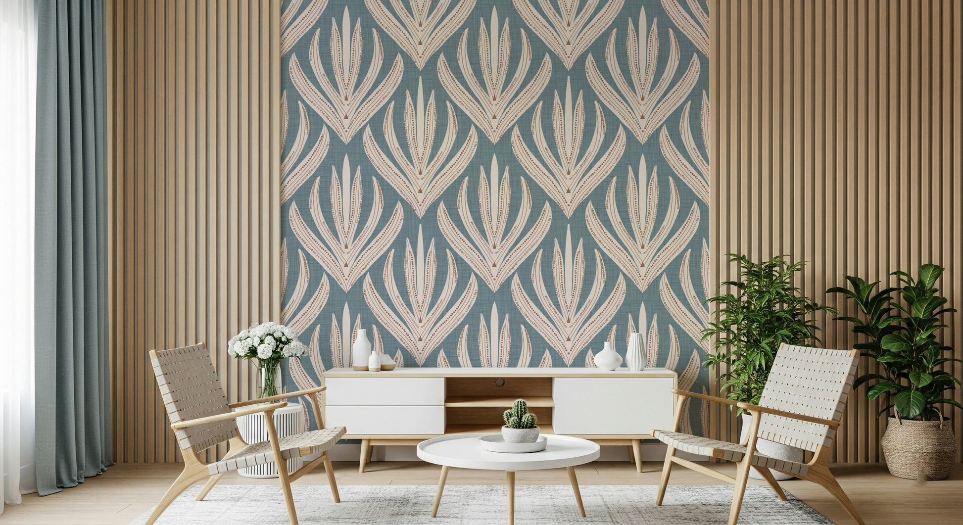 Geometric floral wallpaper mural with repeating cream leaf-like shapes arranged in a structured pattern.
