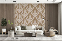 Decorative wallpaper featuring symmetrical abstract botanical patterns in earthy cream and clay colors.