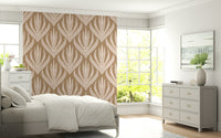 Abstract wallpaper mural with symmetrical organic shapes arranged in a repeating earthy pattern.