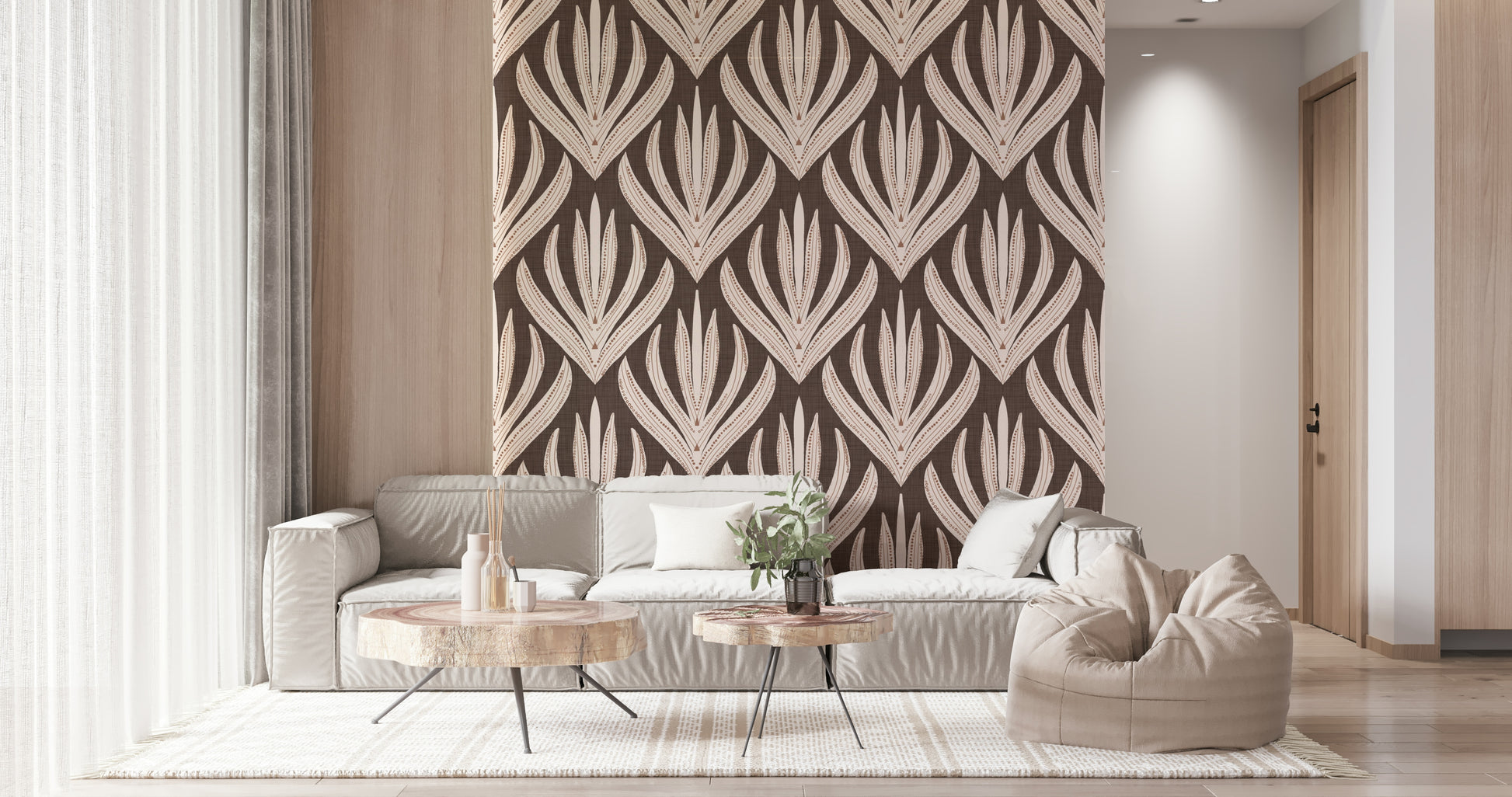 Warm-toned wallpaper mural showcasing boho leaf motifs arranged in structured symmetry.