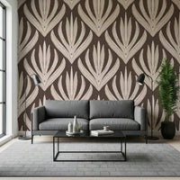 Boho Leaf Symmetry wallpaper mural with ornate leaf clusters and fine decorative markings.