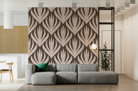 Symmetrical bohemian wallpaper mural with large decorative leaf patterns arranged in a repeating layout.