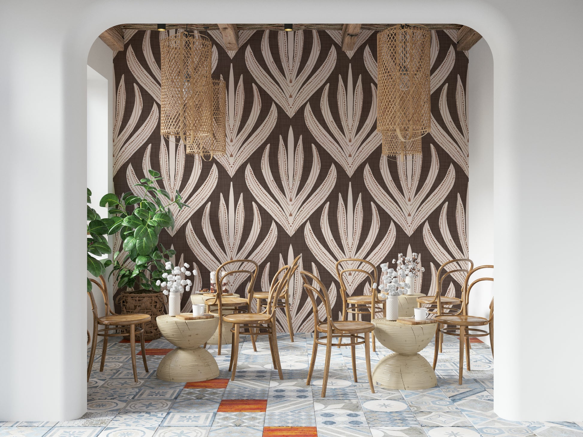 Botanical bohemian wallpaper featuring stylized cream leaves with terracotta accents on a brown base.