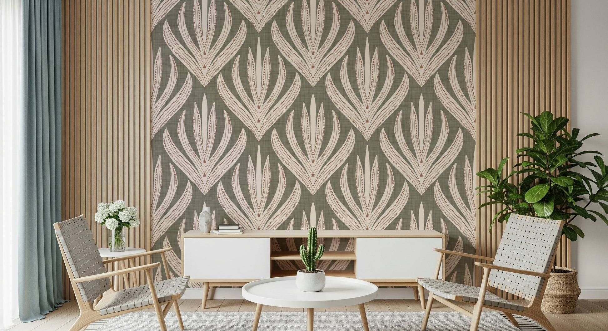 Stylized botanical wallpaper featuring arched, desert bloom–inspired shapes in warm pink and cream hues.