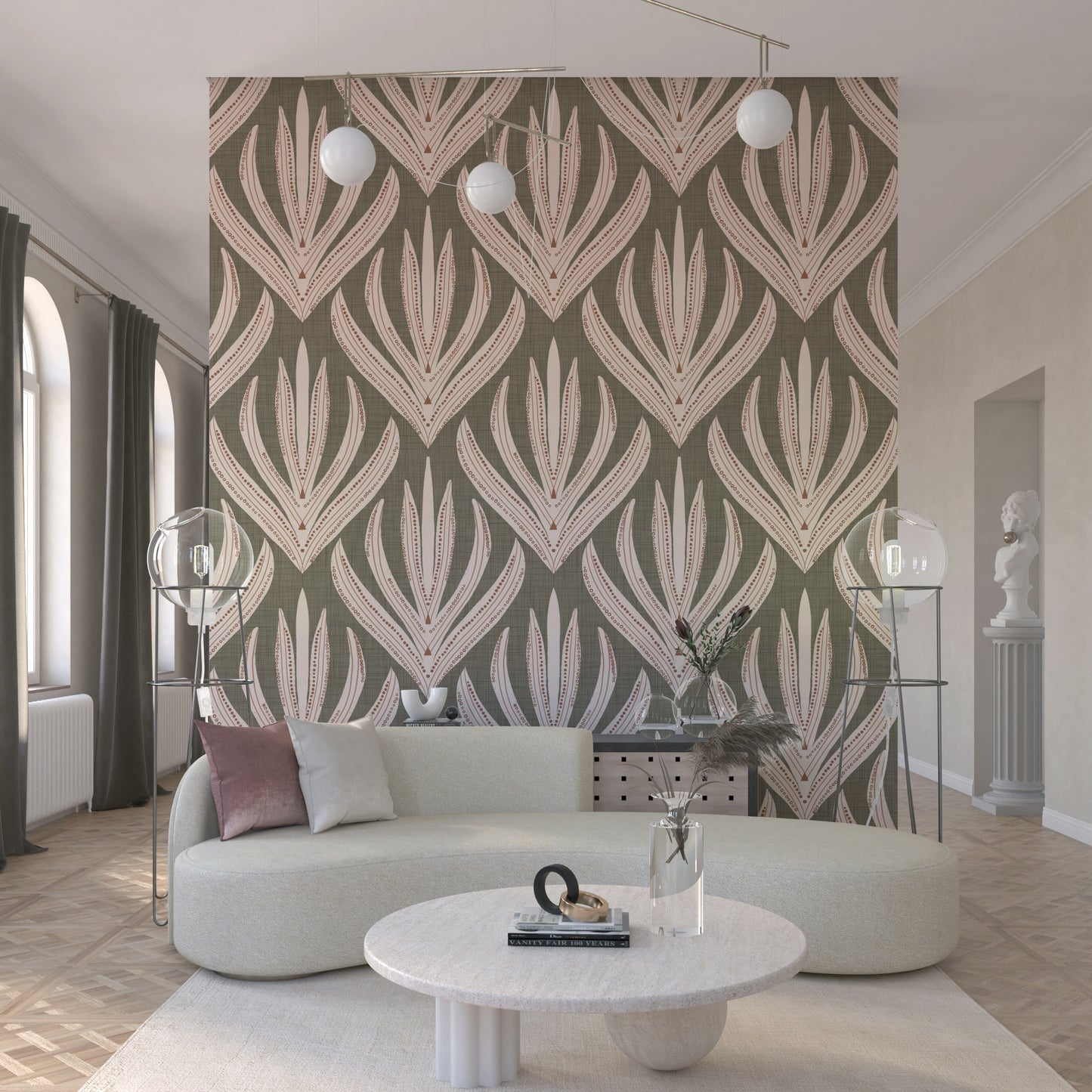 Desert Bloom Echo wallpaper showcasing symmetrical botanical designs with subtle geometric detailing.