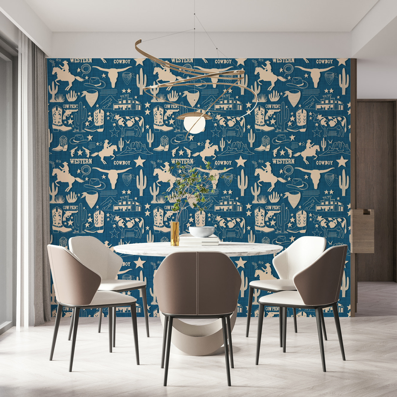 Wild West Blueprint wallpaper featuring cream cowboy motifs on a deep blue textured background.
