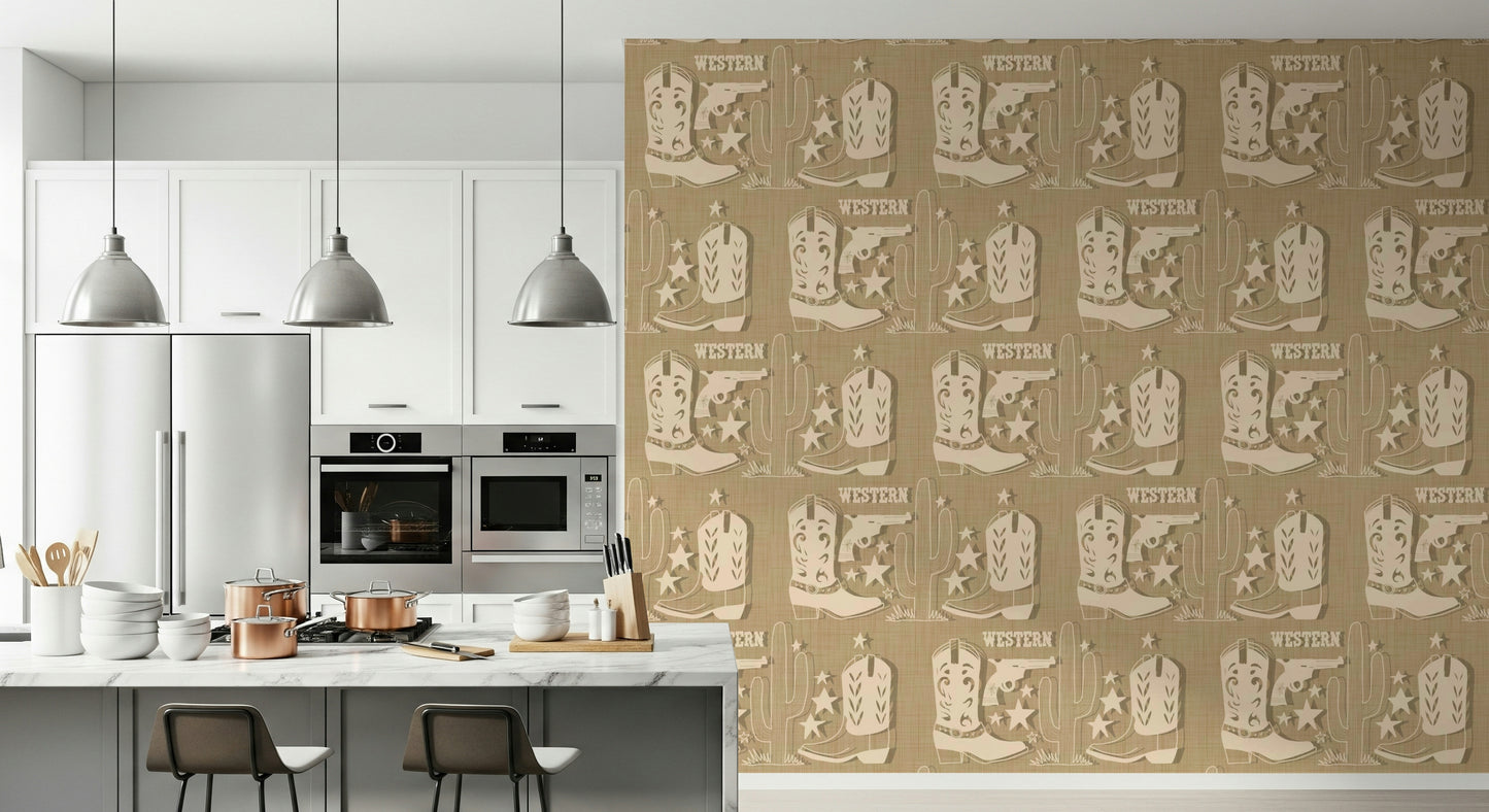 Rustic Western Dream wallpaper showcasing Western boots and desert elements in a repeating layout.