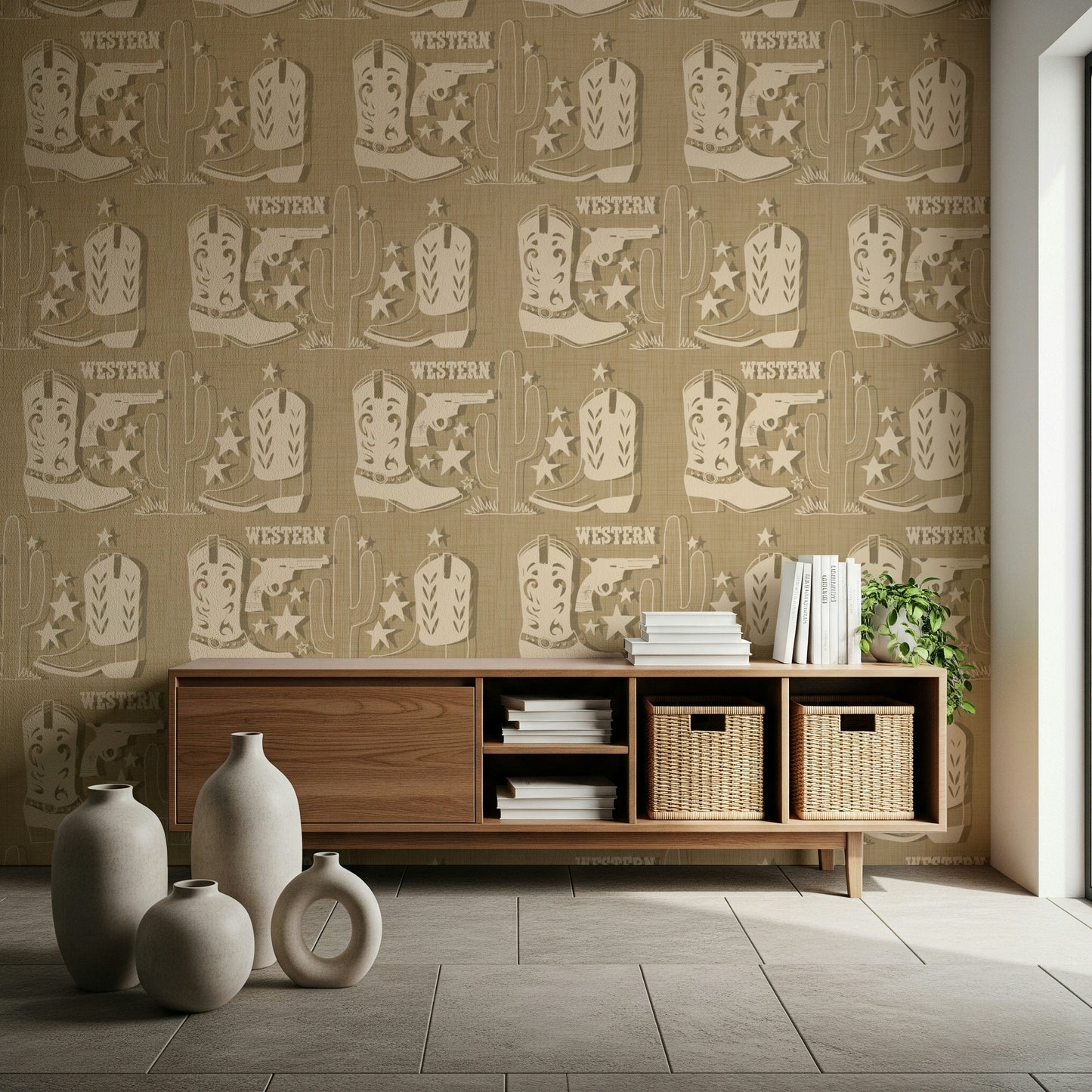 Rustic Western Dream wallpaper featuring cowboy boots, cacti, and stars in a vintage Western motif.