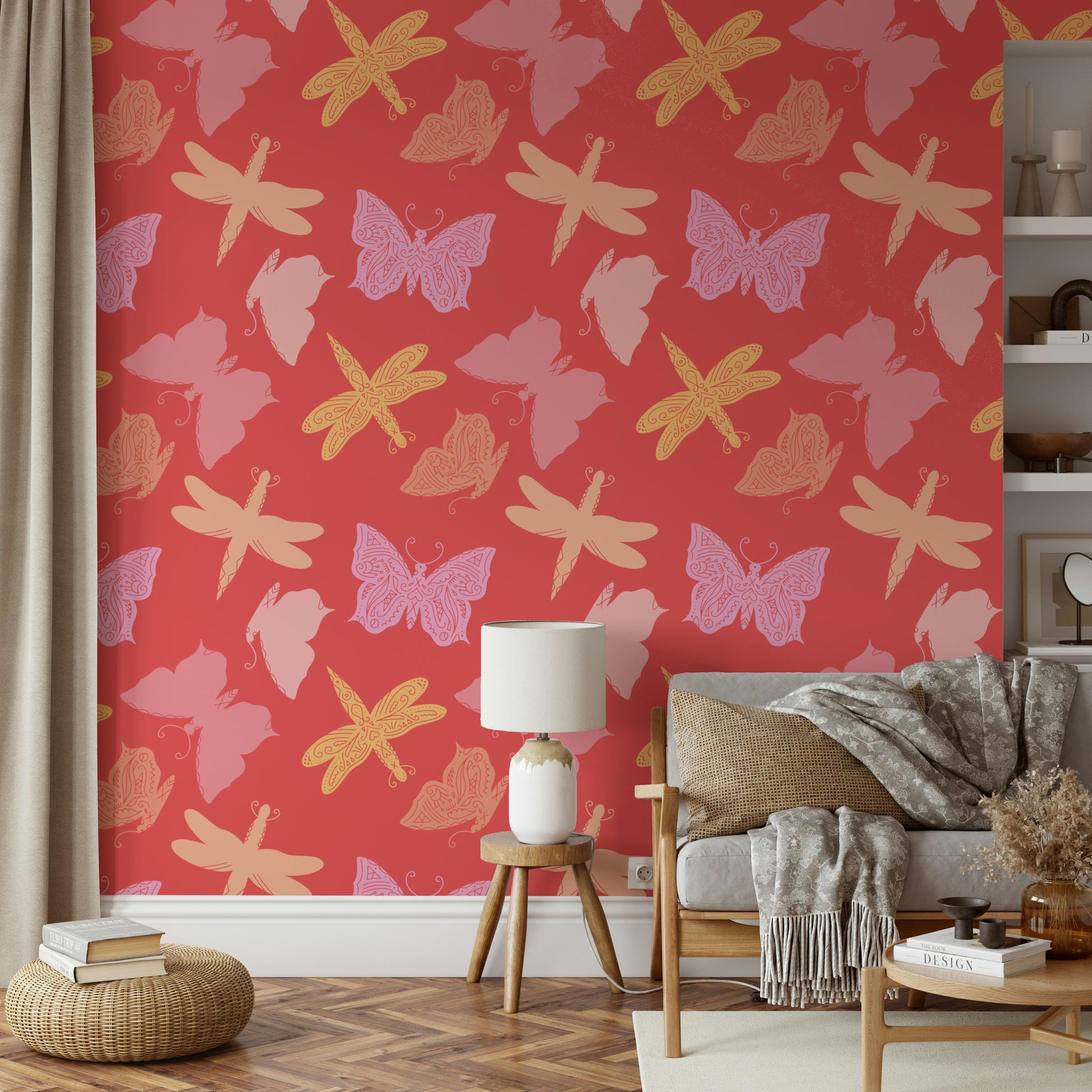 Artistic wallpaper mural with hand-drawn butterflies in soft pink, lavender, and golden hues.