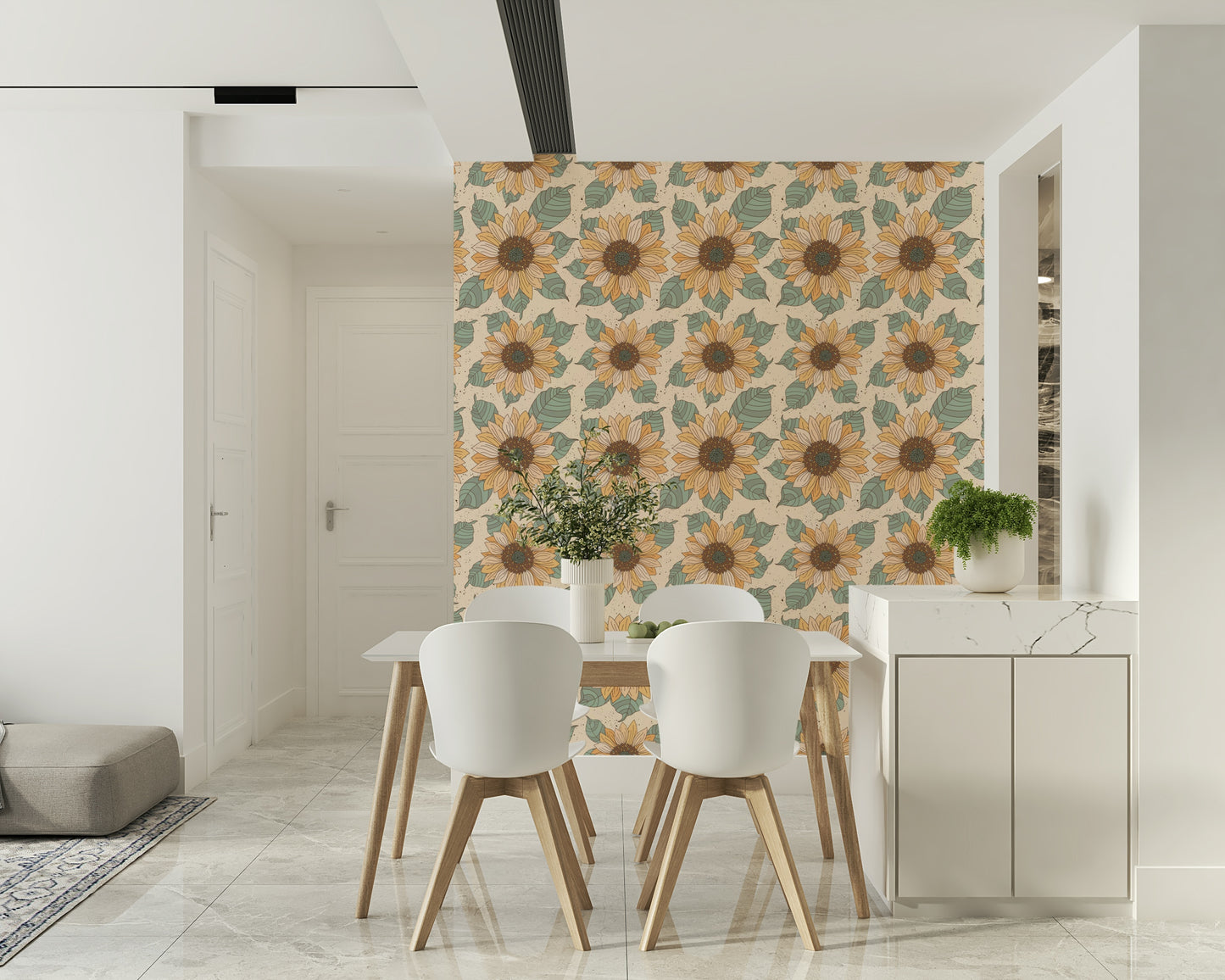 Vintage sunflower wallpaper mural with warm-toned flowers and subtle botanical accents.