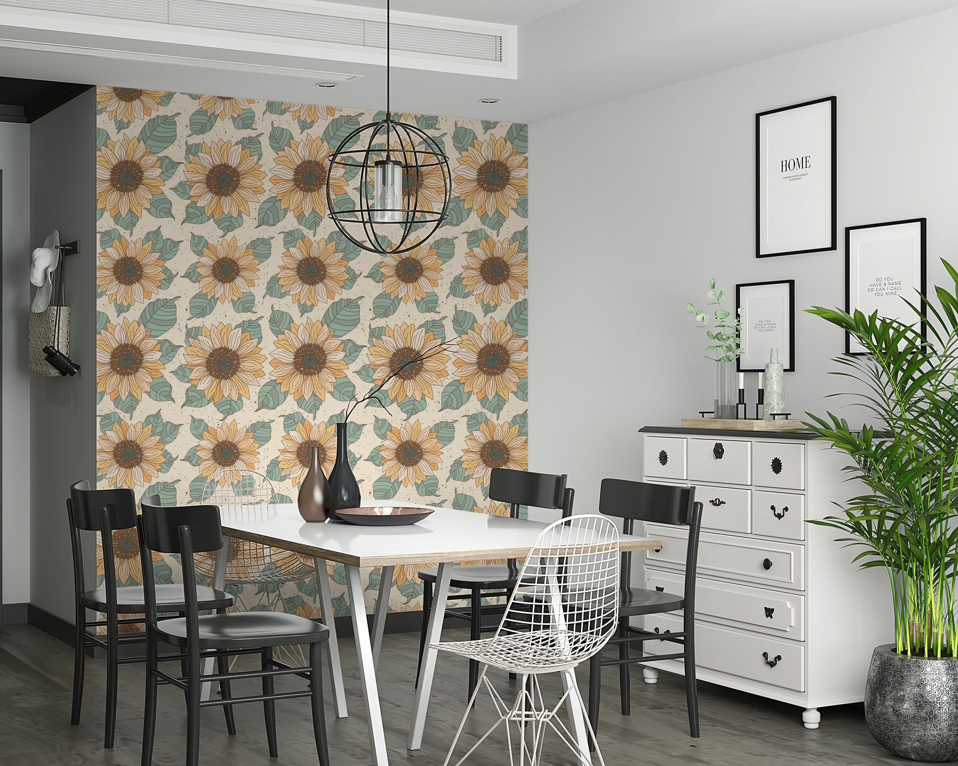Patterned sunflower wallpaper with stylized yellow blooms and green leaves on a neutral base.