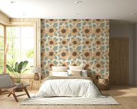 Sunflower Bloom wallpaper featuring large illustrated sunflowers with teal leaves on a light background.