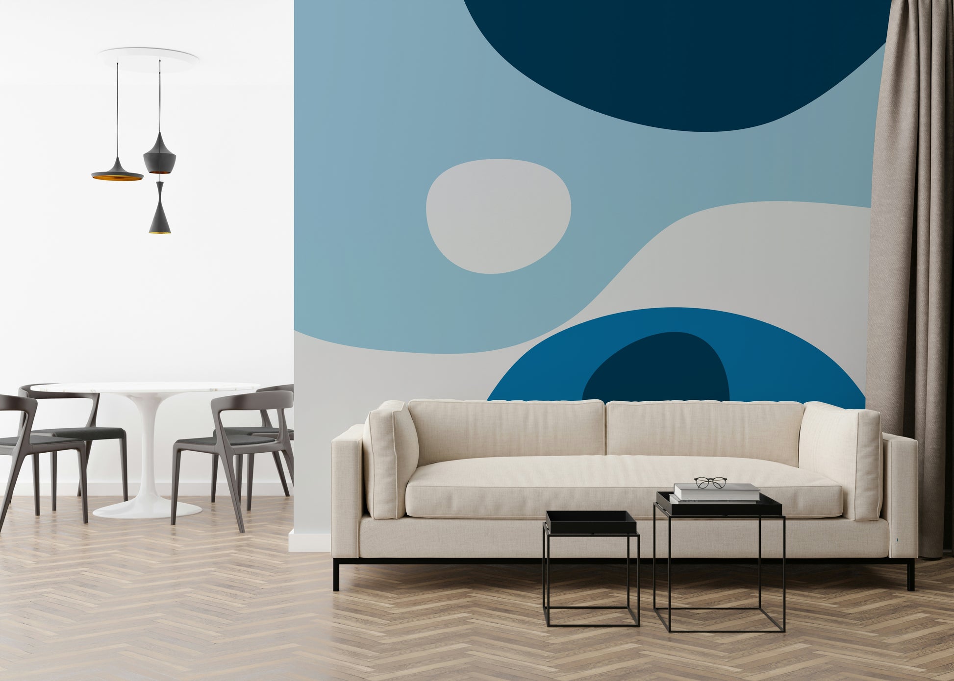 Deep navy and bright azure shapes merging into a fluid abstract design on this wallpaper.