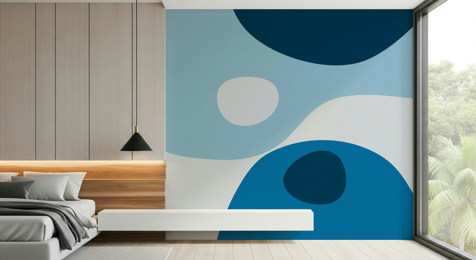 An azure abstract wallpaper with bold organic shapes blending navy, teal, and pale blue.