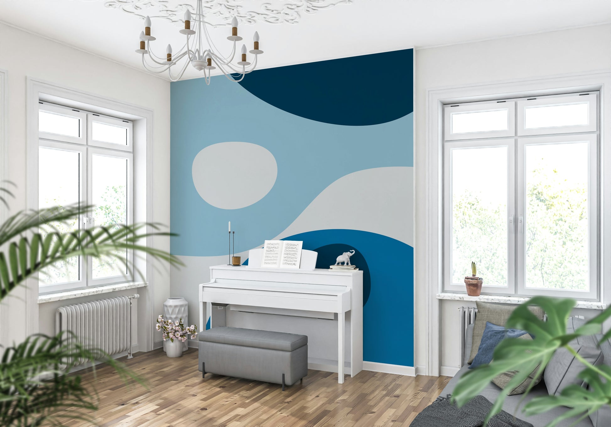 Curved blue shapes and soft white accents creating a tranquil, modern abstract wallpaper.