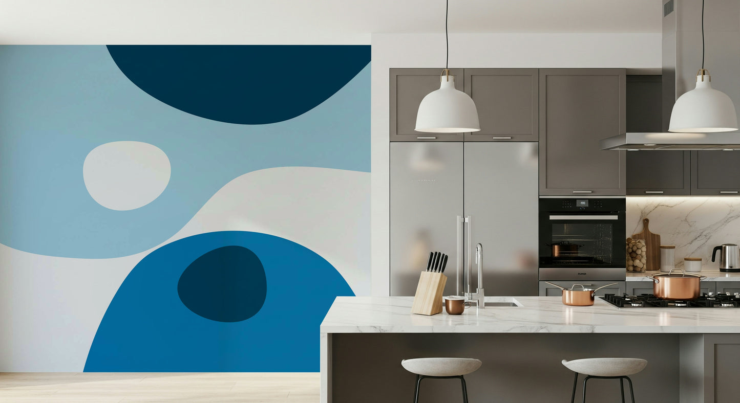 A calming abstraction wallpaper with layered blue forms inspired by flowing water.