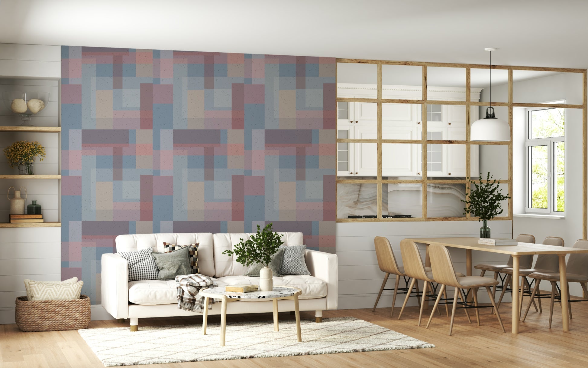 Geometric wallpaper with layered translucent blocks in pink, blue, and beige hues.