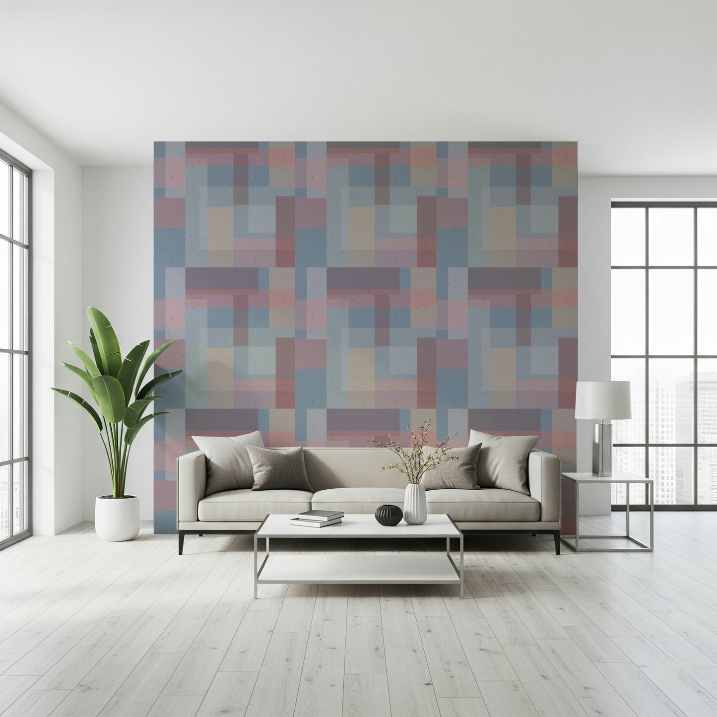 A pastel geometric wallpaper made of soft-edged rectangles arranged in a repeating pattern.