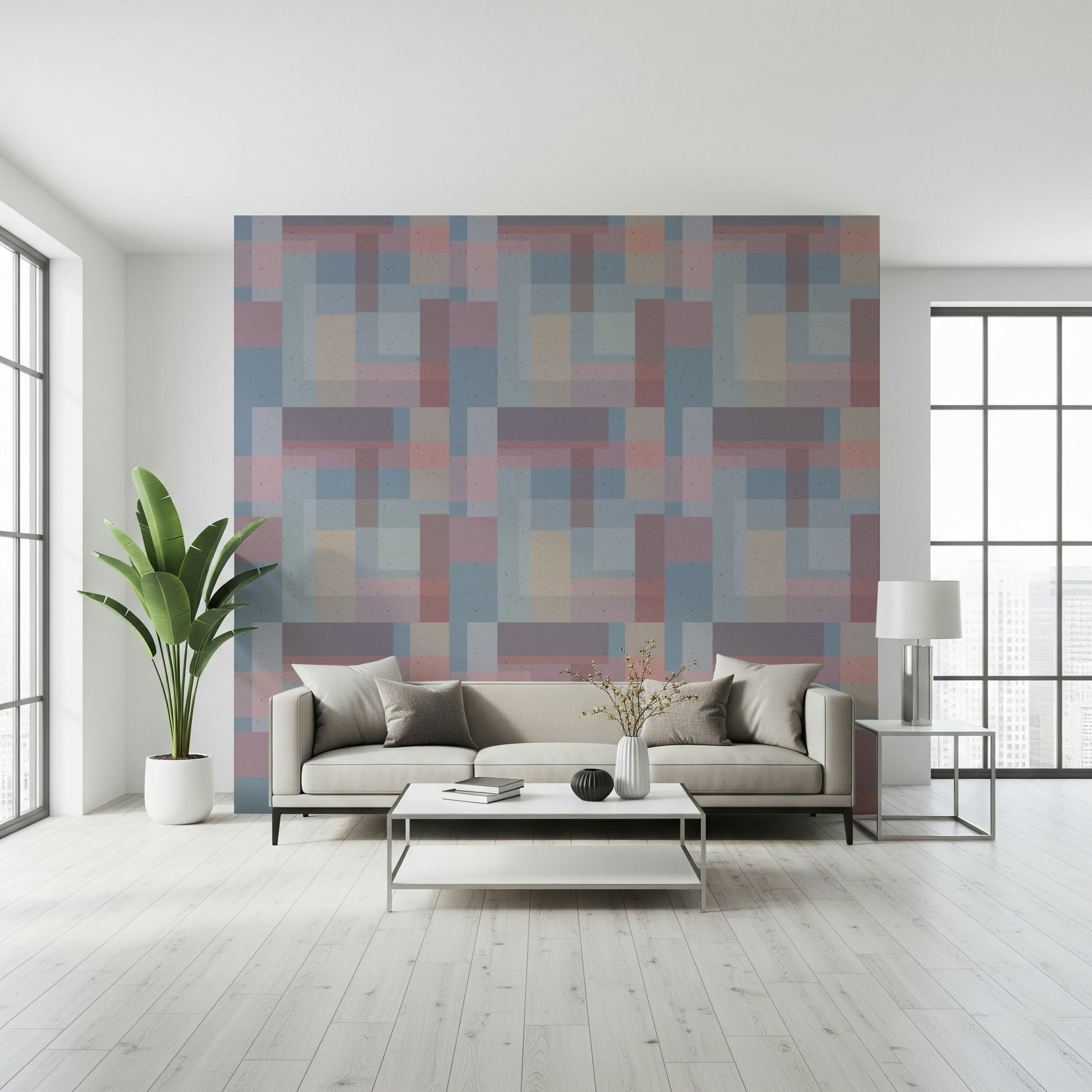 A pastel geometric wallpaper made of soft-edged rectangles arranged in a repeating pattern.