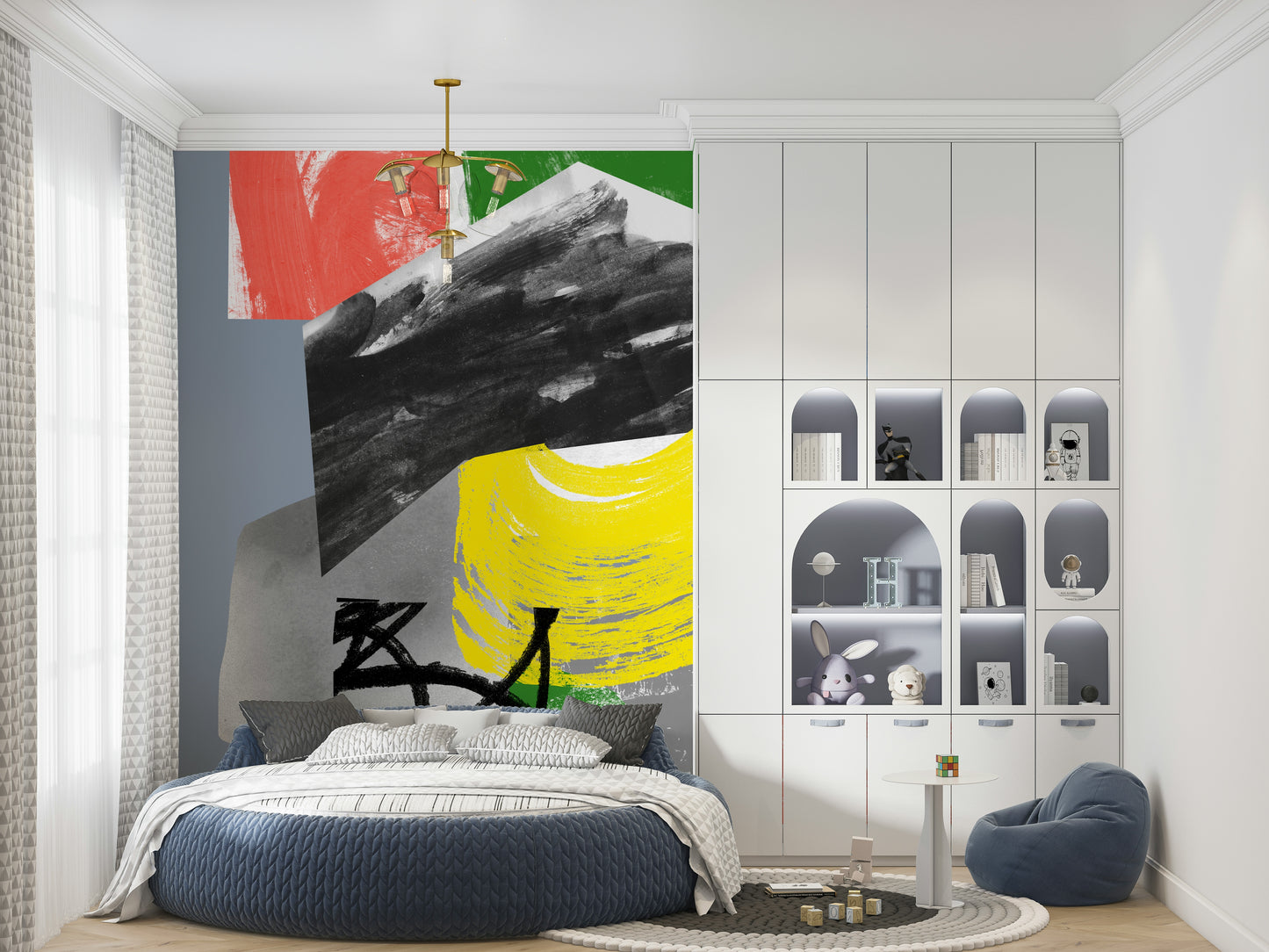 A striking wallpaper design made of layered brush textures in red, green, yellow, blue, and deep black.