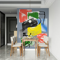 A multicolored wallpaper filled with expressive paint strokes in red, blue, green, yellow, and black.