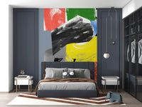 An abstract wallpaper featuring bold red, blue, green, yellow, and black brushstrokes in a dynamic modern composition.