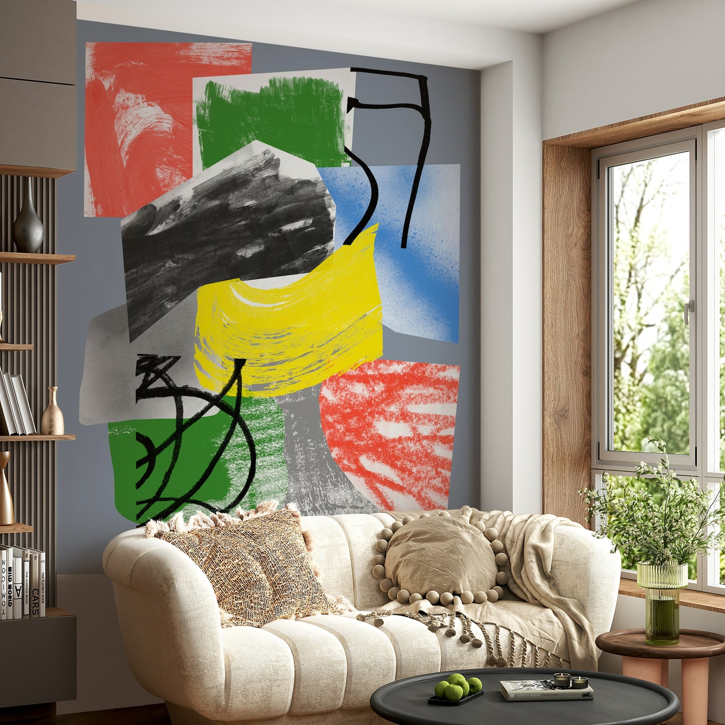 Color-blocked wallpaper with expressive strokes of red, blue, green, and yellow layered over textured shapes.