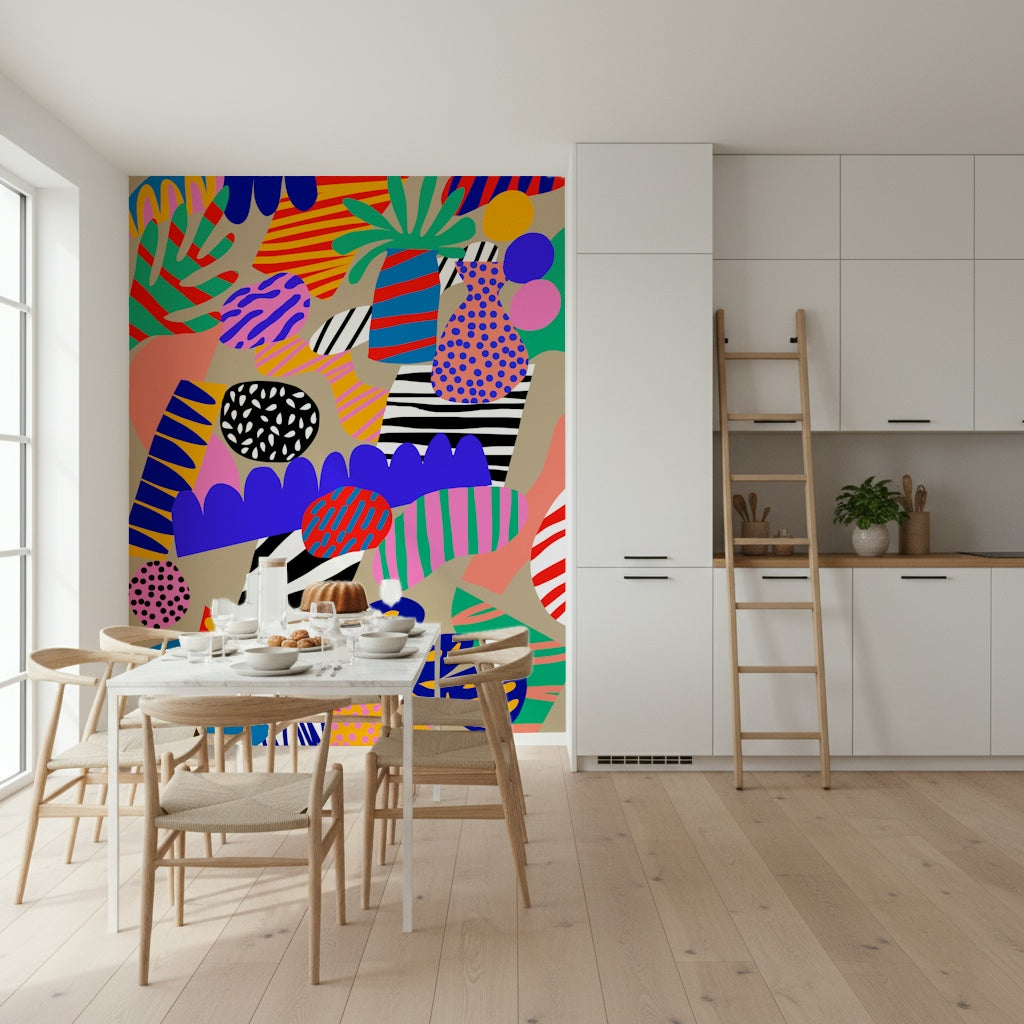 Bold tropical wallpaper with eye-catching patterns, playful shapes, and vivid contrasting hues.