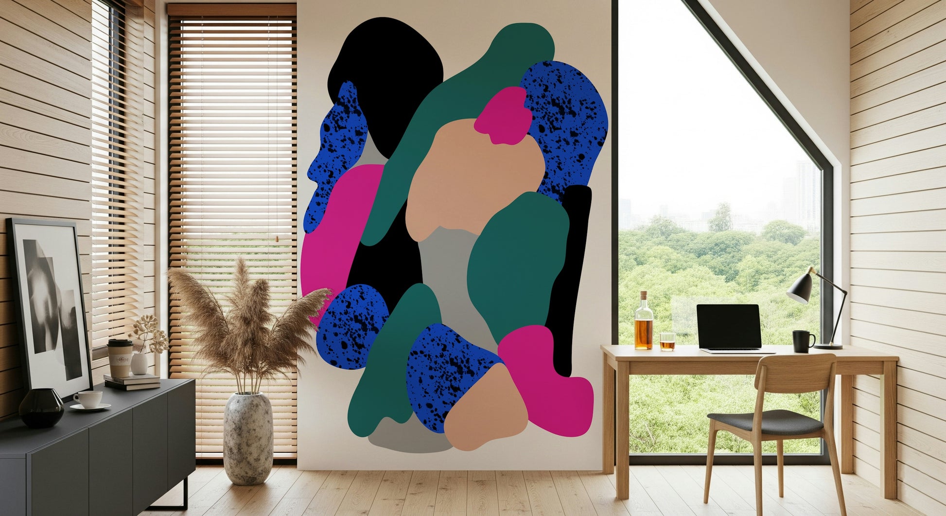 Contemporary abstract wallpaper showcasing bold shapes and a dramatic speckled blue pattern.