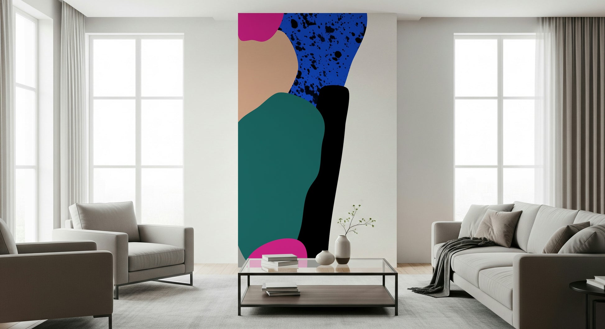 A bold abstract wallpaper featuring large organic shapes in teal, beige, magenta, black, and speckled blue.