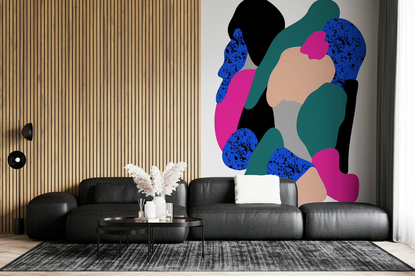 A contemporary wallpaper showcasing flowing organic forms in vibrant contrasting colors.