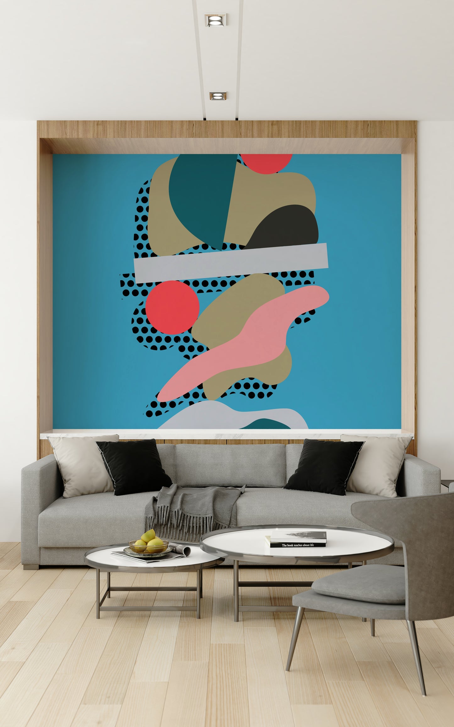 A contemporary wallpaper with layered organic shapes balanced together in bold modern colors.