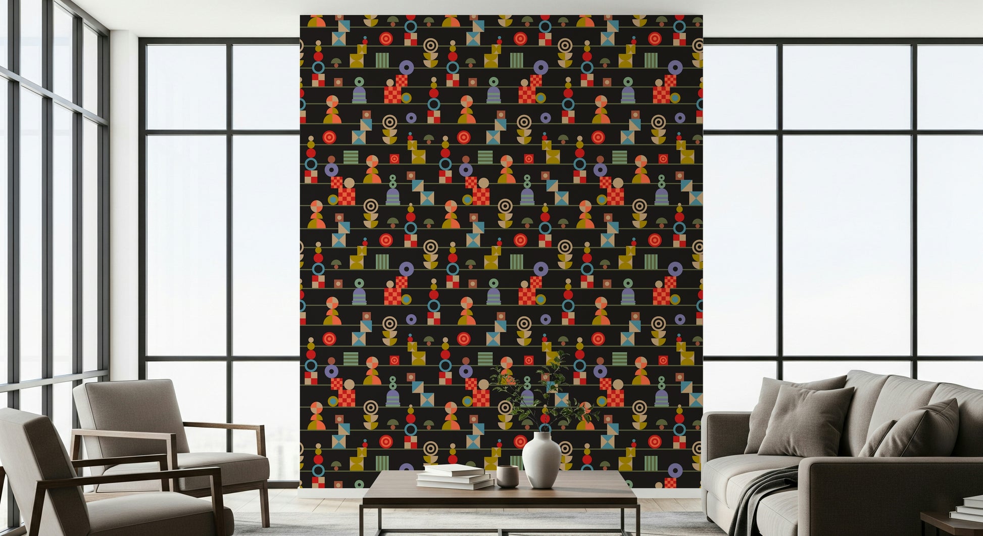 A charcoal wallpaper decorated with repeated stacked geometric shapes in vivid retro hues.