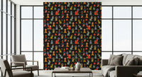 A charcoal wallpaper decorated with repeated stacked geometric shapes in vivid retro hues.