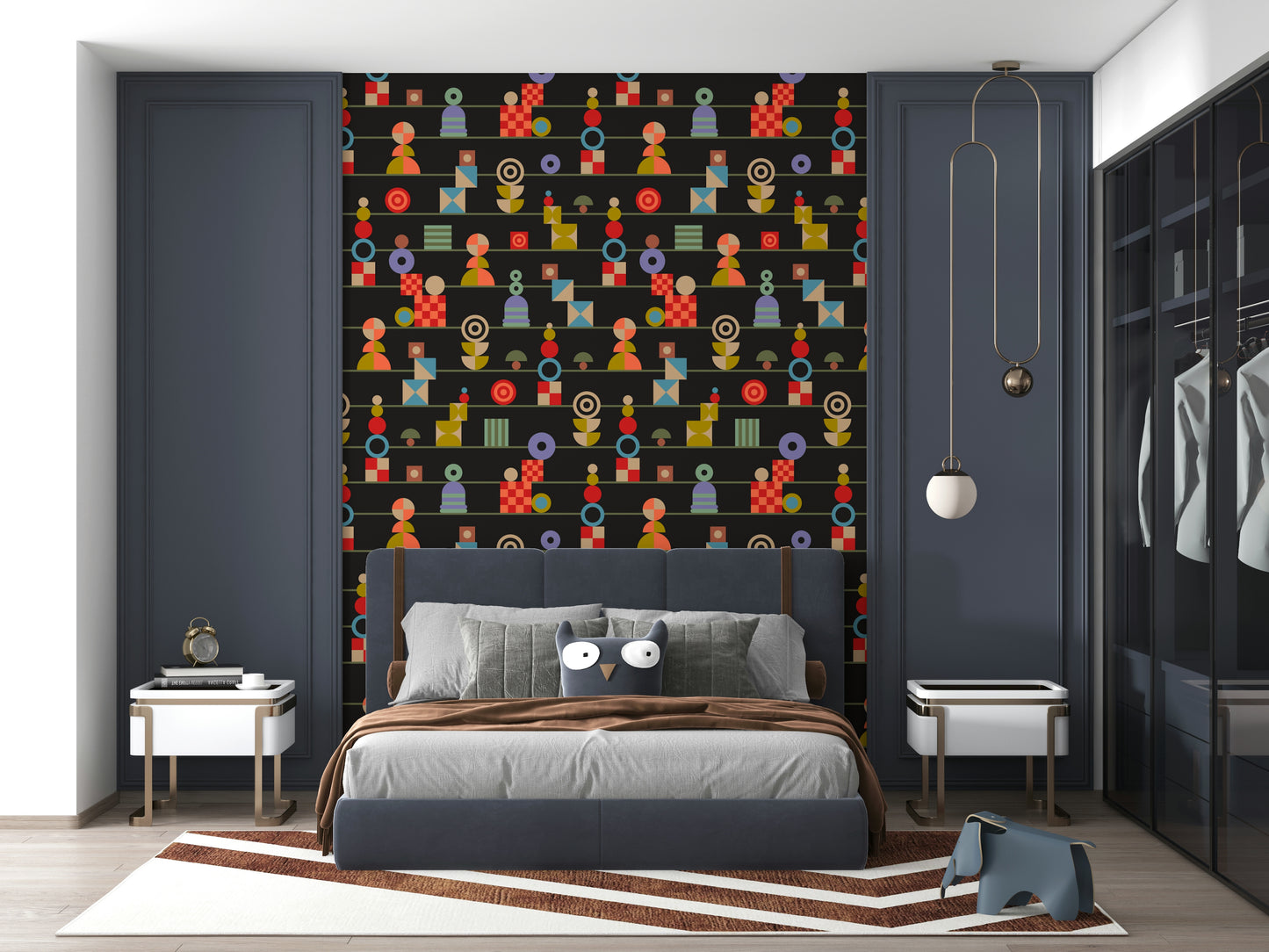 A vintage-inspired wallpaper showcasing rows of geometric shapes in vibrant tones on a deep charcoal backdrop.