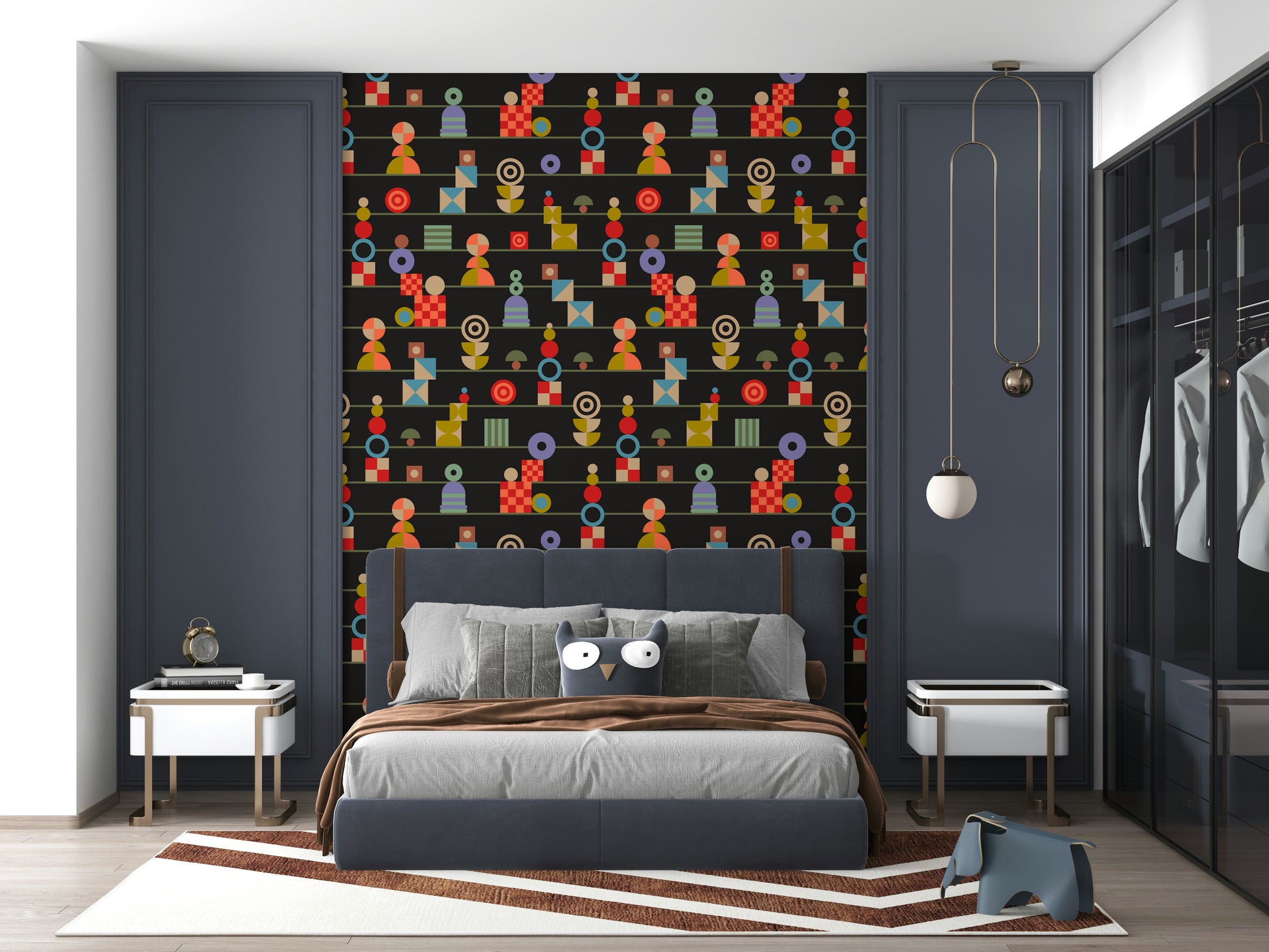 A vintage-inspired wallpaper showcasing rows of geometric shapes in vibrant tones on a deep charcoal backdrop.