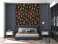 A vintage-inspired wallpaper showcasing rows of geometric shapes in vibrant tones on a deep charcoal backdrop.