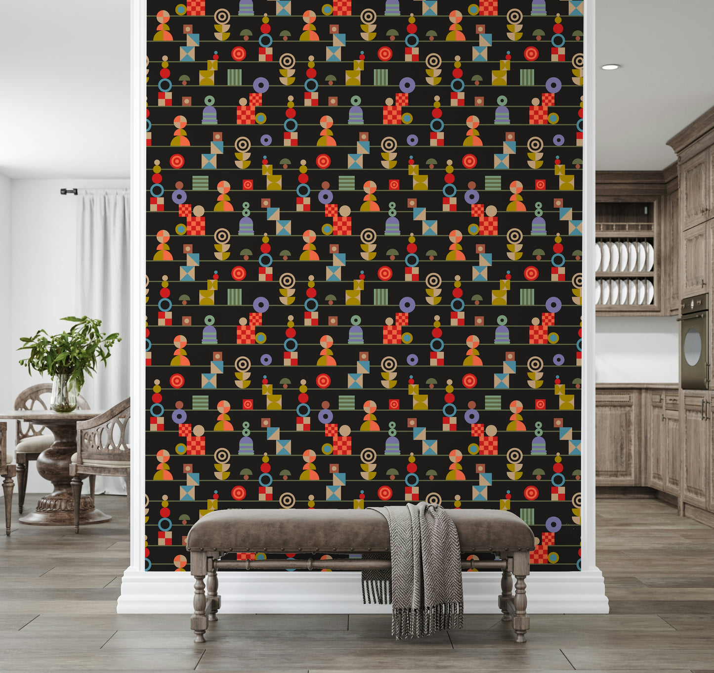 Retro-style wallpaper featuring multicolored blocks, circles, and patterns organized in horizontal rows.