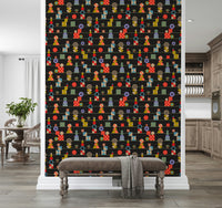 Retro-style wallpaper featuring multicolored blocks, circles, and patterns organized in horizontal rows.