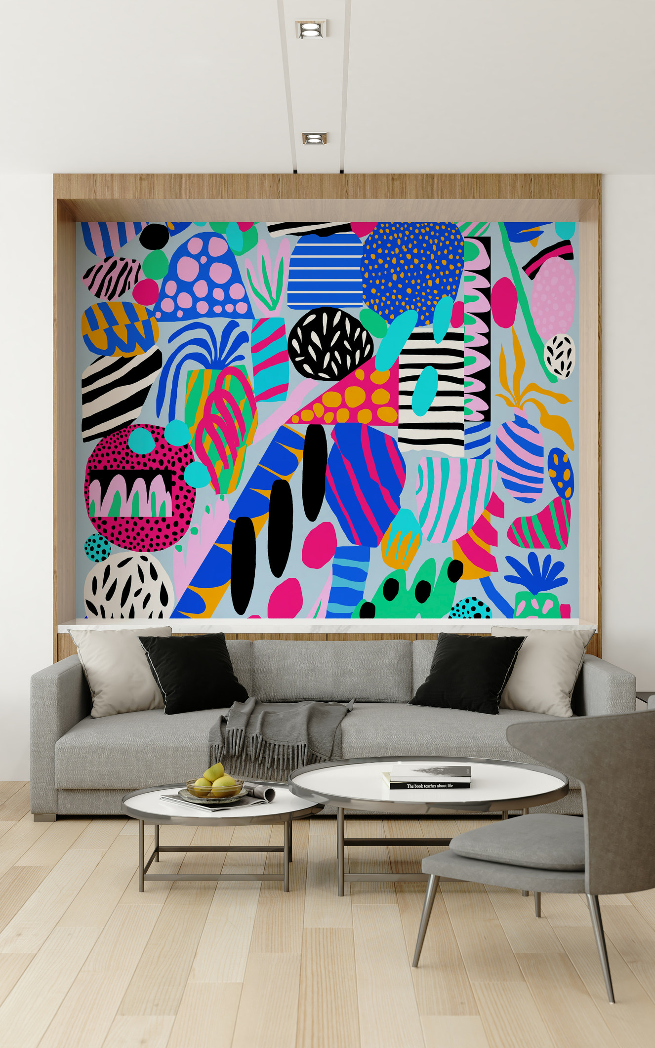 A vibrant abstract wallpaper filled with colorful party-like shapes, stripes, and playful patterns.