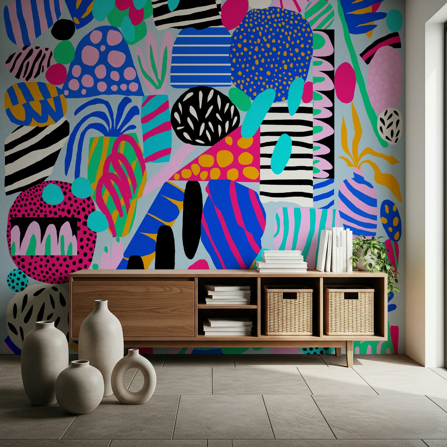 Colorful abstract shapes layered with stripes and dots create a fun, upbeat party wallpaper look.