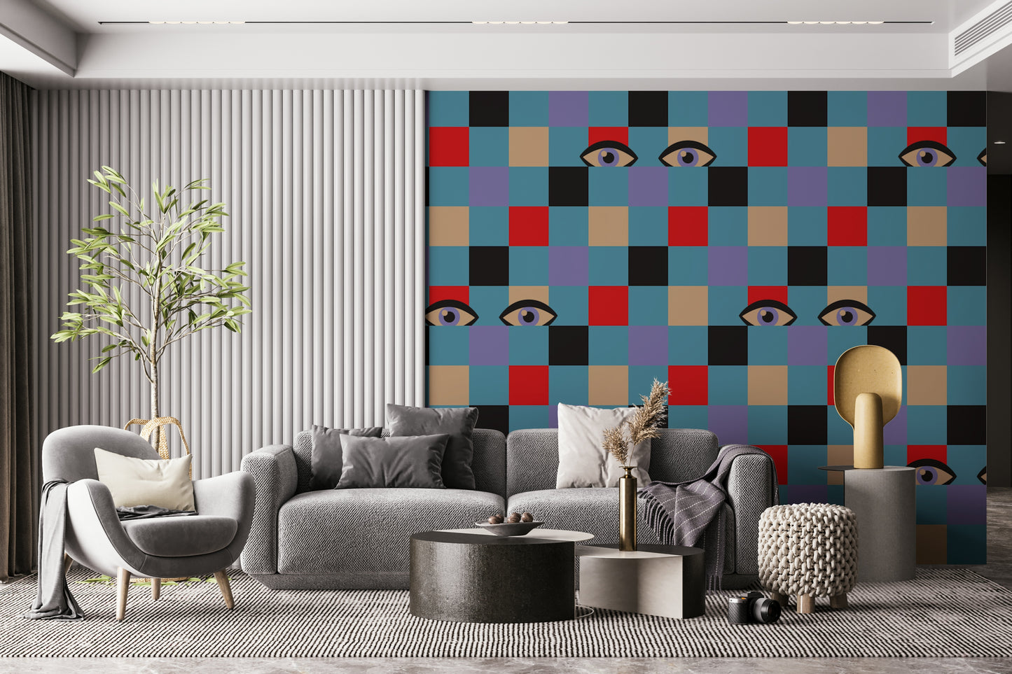 Checkerboard wallpaper featuring colorful squares and stylized eyes creating a fun vintage-inspired look.