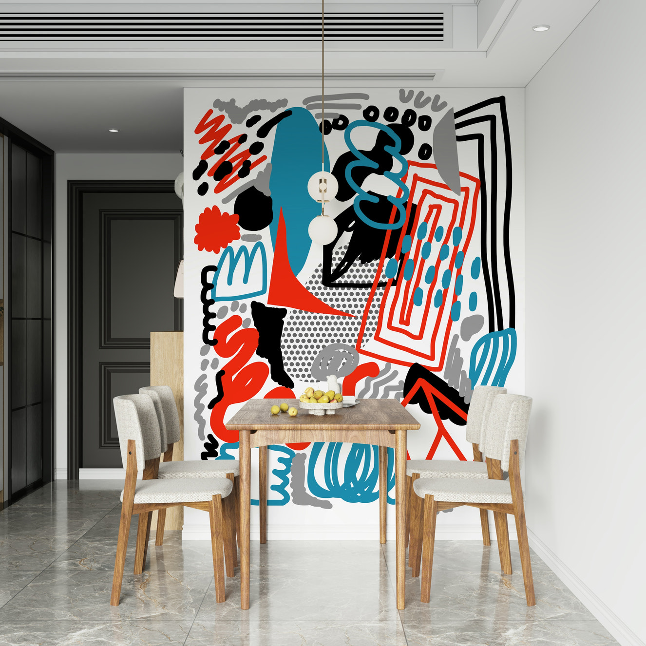 An abstract drawing flow wallpaper featuring bold teal, red, black, and grey shapes layered in a dynamic composition.