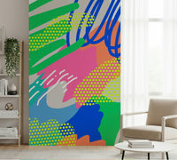 A dynamic wallpaper featuring bold hand-drawn marks and vivid paint-like splashes.