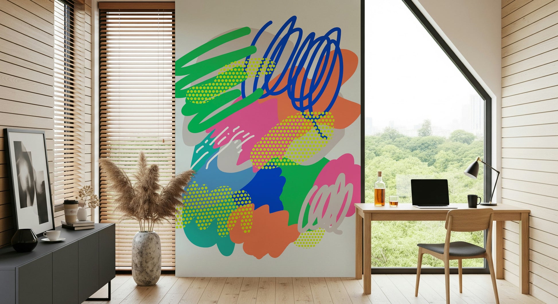 Abstract overlapping shapes in bright pink, green, blue, and yellow forming an energetic wallpaper.