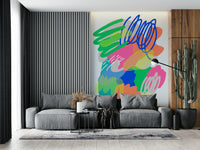 An expressive modern art wallpaper with layered colors, looping lines, and dotted accents.