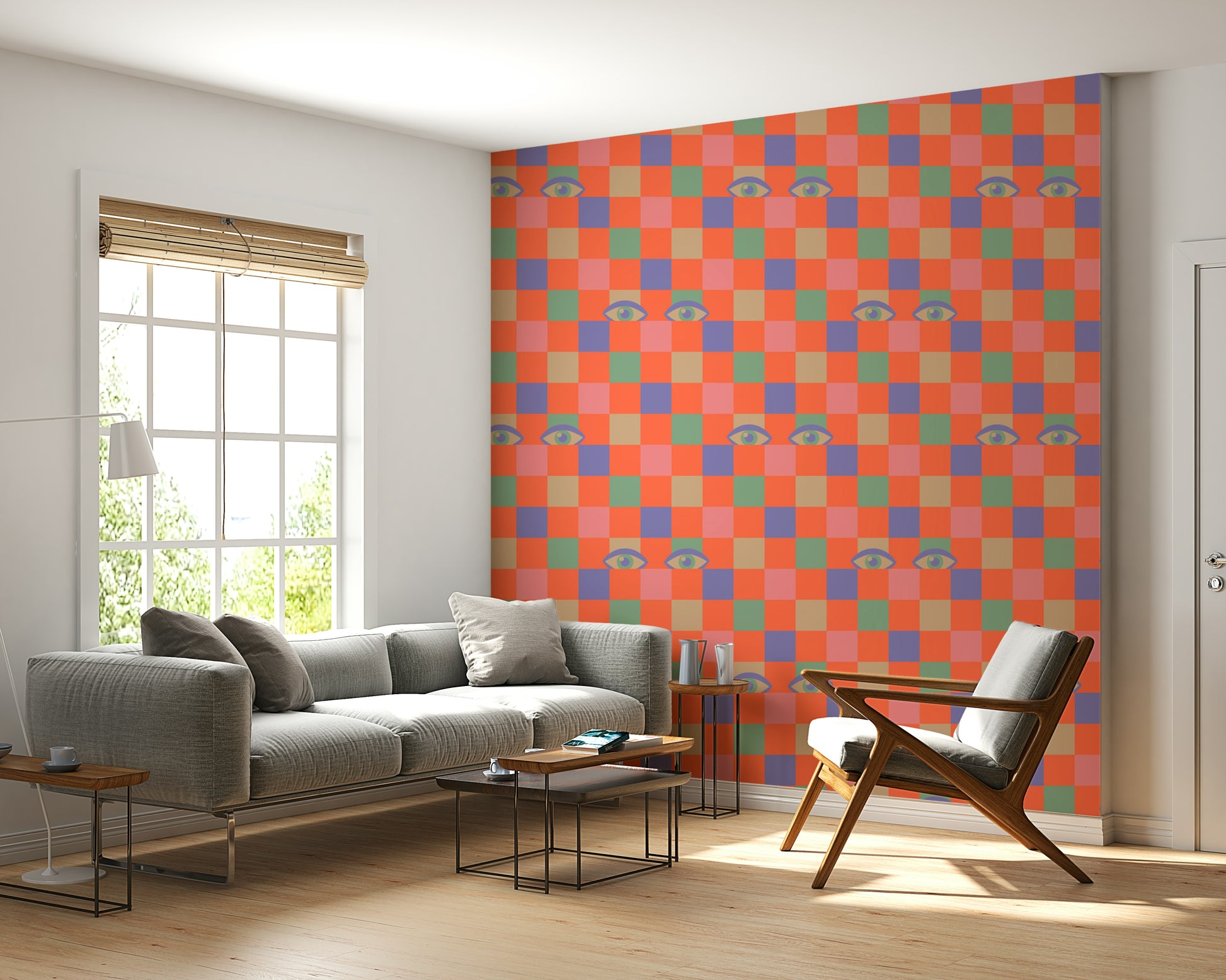 A funky wallpaper mixing pastel and neon checkerboard squares with illustrated eyes peering outward.