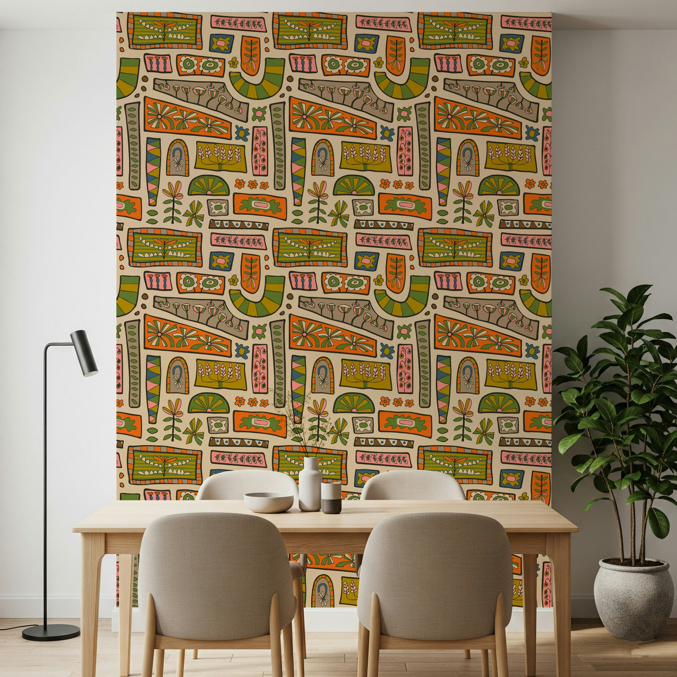 A bohemian patchwork wallpaper featuring warm earth-tone blocks filled with floral and geometric motifs.