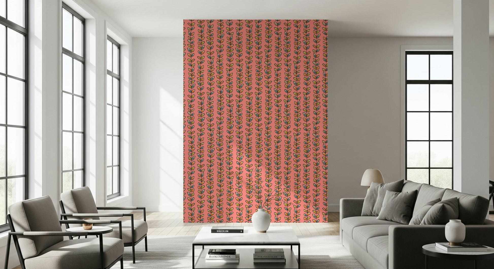 A playful retro wallpaper decorated with neat vertical vines and multicolored outlined leaves on pink.