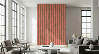 A playful retro wallpaper decorated with neat vertical vines and multicolored outlined leaves on pink.